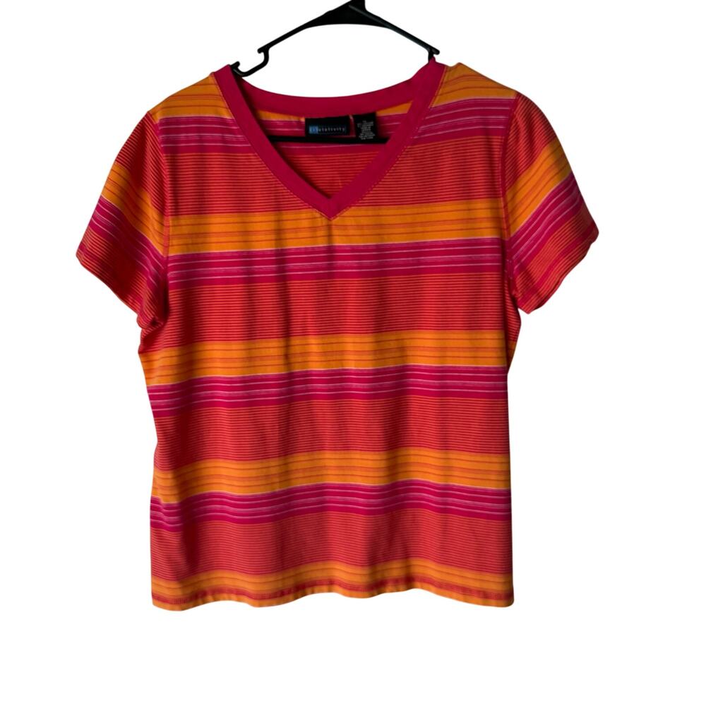 (r)elativity Women's Size XL Vintage Pink Orange Striped V Neck T Shirt
